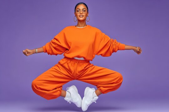 Joyful model jumping in bright orange sweat set on a purple studio background showcasing streetwear fashion