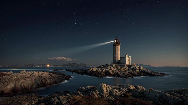 A beacon tower stands atop a rocky Spanish coast at dusk, casting light over the summer ocean waves and clouds as night settles across the scenic landscape