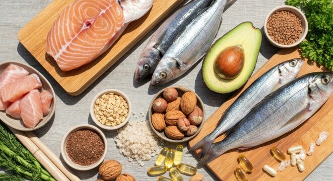 Overhead shot of various foods fish, avocado, nuts, seeds, and supplements for healthy eating