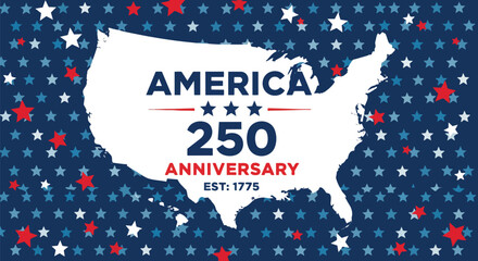 Obraz premium Patriotic design with USA map outline, stars and text America 250 Anniversary on a vibrant blue background, suitable for history commemorations, patriotic celebrations, and promotional material.