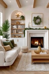 Naklejka premium Cozy Christmas living room with fireplace, neutral decor, green wreath and gold accents