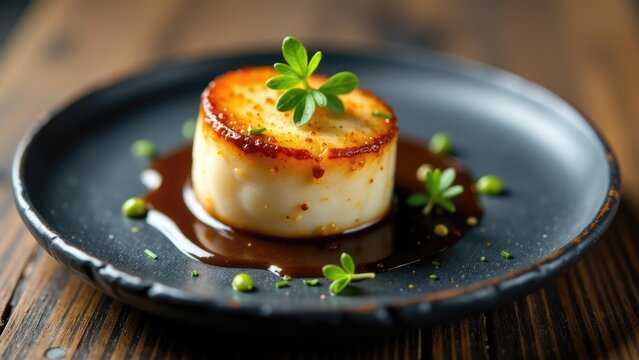 A single scallop on a black plate, ready for serving or display