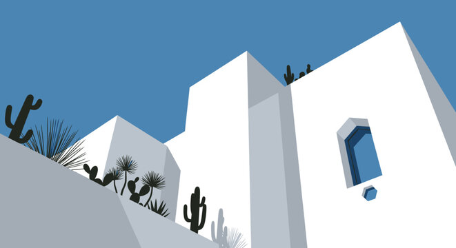 White Mediterranean Architecture with Blue Doors and Desert Cacti.