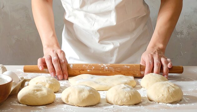 A person in an apron rolls dough on a floured surface