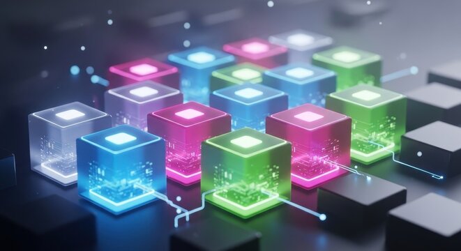 Cubic block processing unit array with glowing internal circuits and colorful neon lights showing distributed computing network system in dark laboratory setting with shallow depth of field effect.