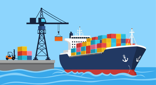 Busy container port scene with cargo ship, cranes, and stacked colorful containers near the waterfront under a blue sky.