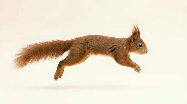 Red squirrel jumping in mid-air with fluffy tail extended, isolated on white background for wildlife and nature designs.