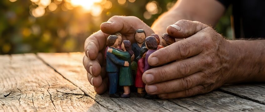 Protective hands cupping miniature family figures on wooden surface with warm sunlight, symbolizing care, security and family protection concept.