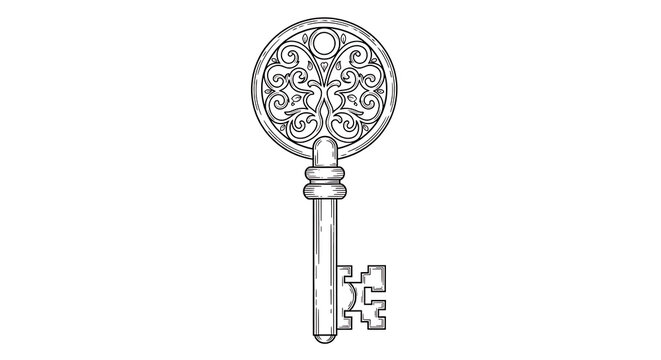 Intricate vintage key line art, ornamental design, isolated on white background