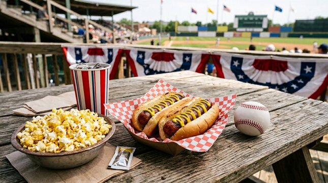 Classic American baseball snacks on a weathered picnic table feature two plump hotdogs, buttery popcorn, and a pristine white baseball.