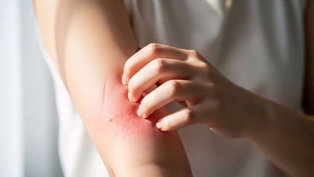 Close-up of a person scratching an itchy red rash on their forearm showing skin irritation allergic reaction or dermatitis treatment concept