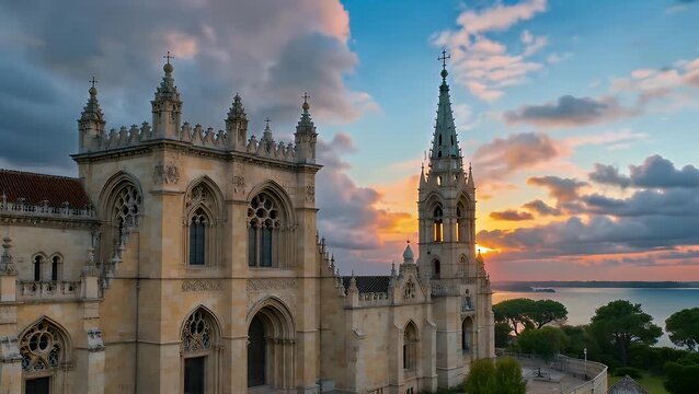An Elaborate Architectural Masterpiece of the Late Gothic Manueline Style Designated as a World Heritage Site at Dusk