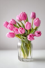 Fototapeta premium Pink Tulips in Glass Vase Delicate Bloom Soft Studio Lighting Spring Floral Arrangement