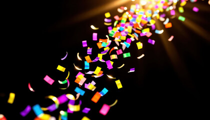 Fototapeta premium Colorful confetti is cascading down against a dark background. The vibrant confetti creates a festive atmosphere with bright colors and playful shapes.