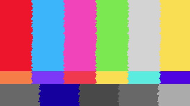 Vibrant retro television test pattern with static glitch effect and color bar interference