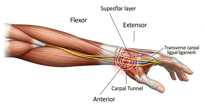 Anatomical Illustration of the Human Wrist and Carpal Tunnel Syndrome.
