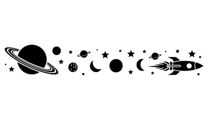 Space Border Illustration with Rocket, Planet, Stars, Moon Phases, and Galaxy Elements in Minimal Black Silhouette Style for Cosmic Background and Design © MINARA