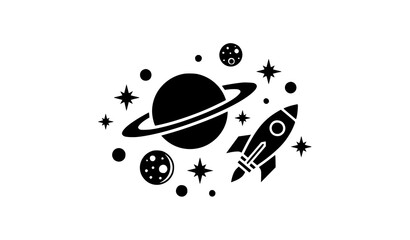 Space Exploration Icon with Rocket, Planet with Rings, Stars, and Asteroids in Minimal Black Silhouette Style for Science, Astronomy, and Cosmic Design © MINARA