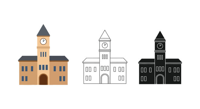 Clock tower buildings in different colors and line styles illustration