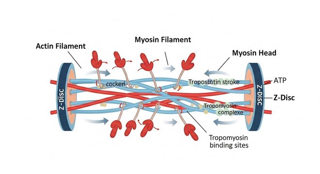 Detailed Diagram of Muscle Sarcomere Structure and Actin-Myosin Interaction.
