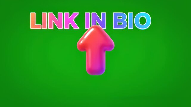 Link bio arrow up 3d colorful neon social media sign green background glowing pink arrow upward direction neon gradient text 3d icon online promotion digital graphic attention grabbing colorful media