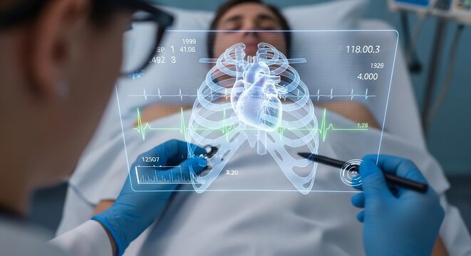 Doctor Analyzing Futuristic Holographic Heart Scan of Patient in Hospital Bed.