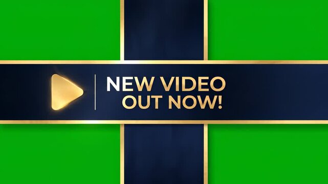 Video play button banner background green and gold glow neon announcement promotion, elegant banner overlay luxury scroll paper navy gold with green background, new video banner gold play button
