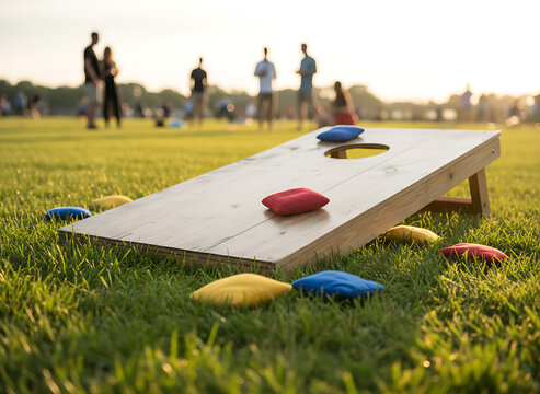 Wooden cornhole board with colorful bean bags on green grass. Outdoor lawn game close up on a sunny day. Summer recreation and leisure concept. Outdoor Recreation & Social Gathering