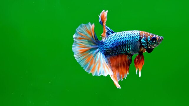 Colorful betta fish aquarium tropical fish blue and orange fin green background underwater pet macro closeup vibrant blue scale freshwater aquatic animal graceful exotic long fin swimming clear water