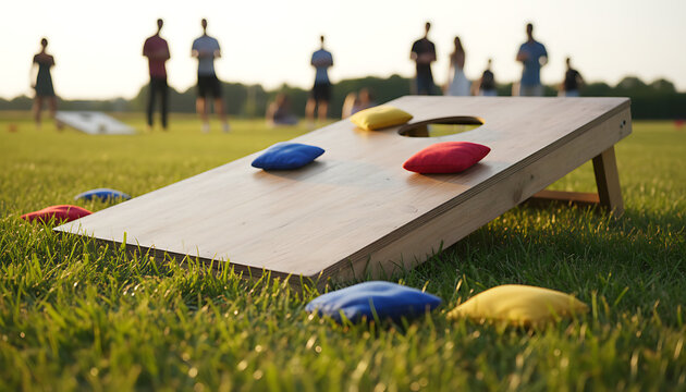 Wooden cornhole board with colorful bean bags on green grass. Outdoor lawn game close up on a sunny day. Summer recreation and leisure concept. Outdoor Recreation & Social Gathering