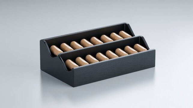 Organized Wooden Objects in Tiered Tray on Minimalist Gray Background