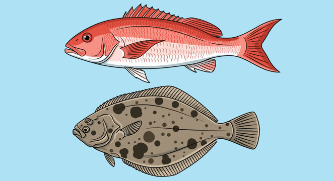 Realistic illustrations of a red snapper and a spotted flounder fish shown in a side-profile view on a blue background.