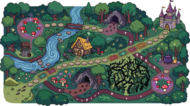 Fantasy board game map vector, fairytale forest landscape with castle, magical world game level