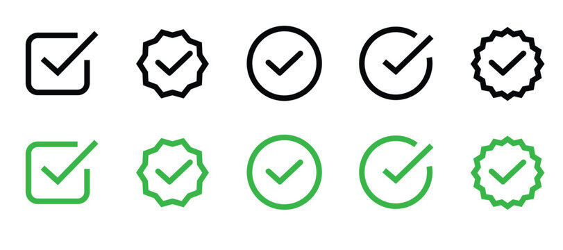 Green checkmark icons in different shapes and styles for approval and confirmation green tick symbols for correct and right answers