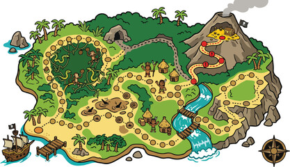 Cartoon pirate treasure map vector, tropical island game board, adventure path with volcano © xantii