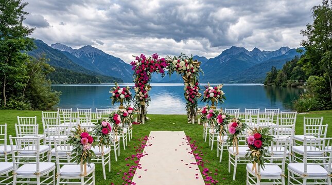 Elegant lakeside ceremony setup showcases rows of white chiavari chairs on lush green lawns adorned with vibrant magenta and gold floral art.