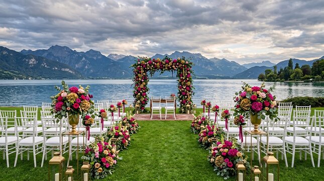 Elegant lakeside ceremony setup showcases rows of white chiavari chairs on lush green lawns adorned with vibrant magenta and gold floral art.