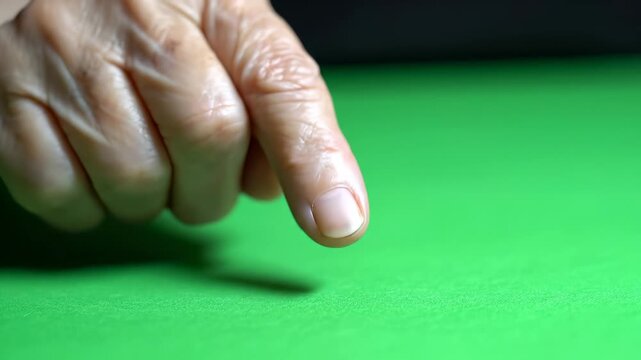 Finger hand tap gesture touch nail skin human closeup green background surface, elder finger tapping gesture detail, soft shadow tension contact texture senior hand