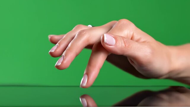 Elegant hand finger tapping reflection with manicured nail on female hand, green background close up, mirror surface soft light minimal style, gentle touch gesture on glossy table surface