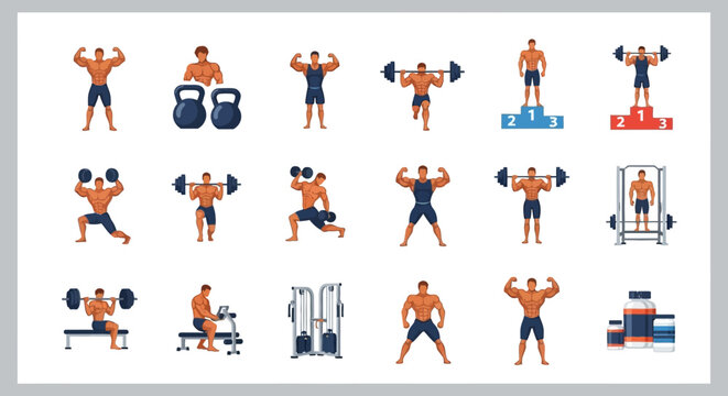 Diverse group of athletic male figures performing various strength training exercises and posing with weights and gym equipment for fitness and