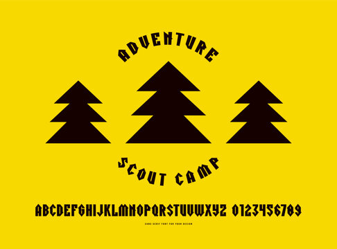 Decorative sans serif font. Letters and numbers for logo and emblem design. Color print on green background