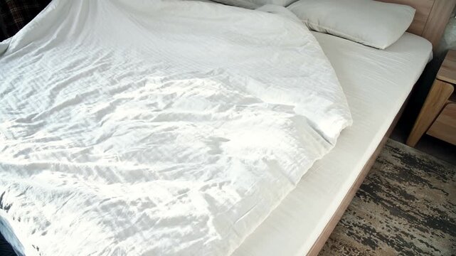 Unmade bed with white sheets and pillows in bright bedroom setting