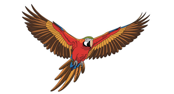 Majestic scarlet macaw parrot with bright red and blue feathers flying with its wings wide open.