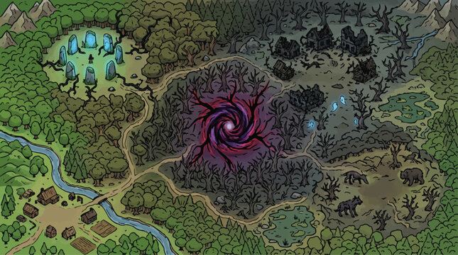 Fantasy world map vector, mystical landscape with magic portal, tabletop rpg game environment