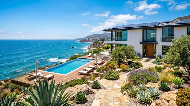 modern malibu real estate exterior beach house with ocean view in summer, california video