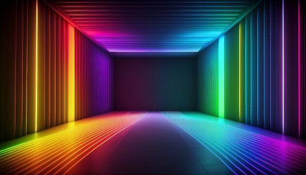 Dark studio with abstract rainbow neon lights 