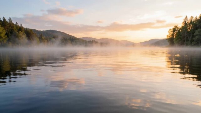 morning fog in the lake surface evaporating up