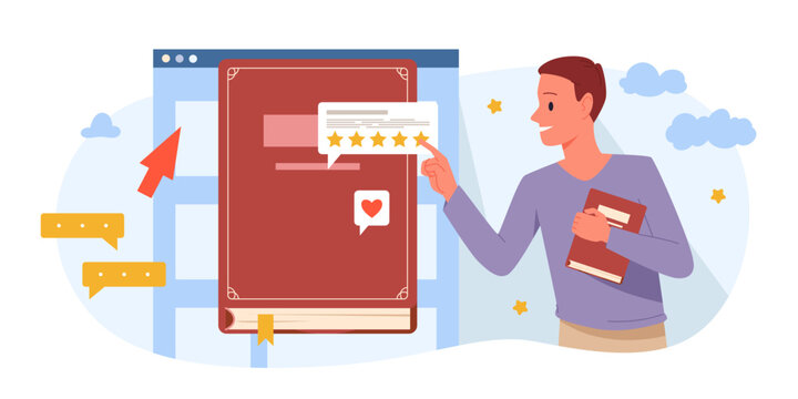 Person holding book and leaving five star review on digital platform, representing online book rating, feedback, and literature evaluation concept, isolated on white background vector illustration