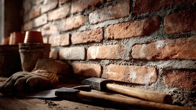 mortar. A stacked brick wall with fresh mortar, construction tools nearby, bathed in natural daylight. real-estate listings.
