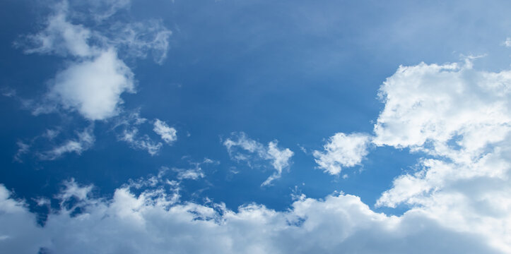 Vibrant blue sky panorama with fluffy white clouds and copy space.